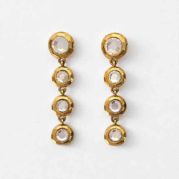 YVES SAINT LAURENT Vintage 1990s Rhinestone & Gold Tone Earrings 2 1/8" - Picture 1 of 12